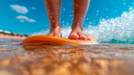 First-person perspective of navigating a giant wave on a surfboard. Motion blur, splashing water, and wind combine to create pure thrill, skillful control, and extreme sports experience.