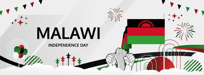 Malawi Independence Day modern greeting banner. 6 July Happy National Day. Holidays abstract concept in flag colors. Great for event like carnival, feast poster, support, culture and tourism