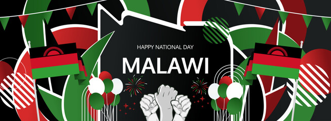 Malawi Independence Day modern greeting banner. 6 July Happy National Day. Holidays abstract concept in flag colors. Great for event like carnival, feast poster, support, culture and tourism