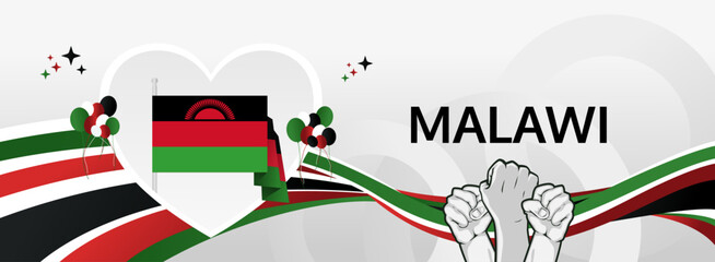 Malawi Independence Day modern greeting banner. 6 July Happy National Day. Holidays abstract concept in flag colors. Great for event like carnival, feast poster, support, culture and tourism