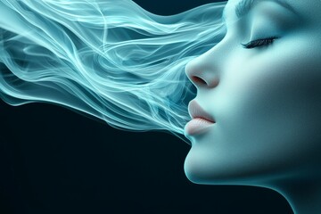 Mysterious caucasian female face with ethereal smoke and soft lighting