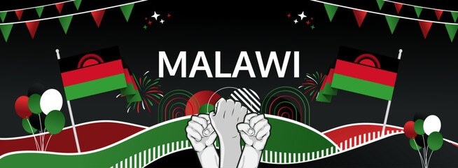 Happy independence day Malawi. Horizontal poster of Malawi national day with flag. July 6. Festive design concept for holiday celebration banner, greeting card, feast and congratulations