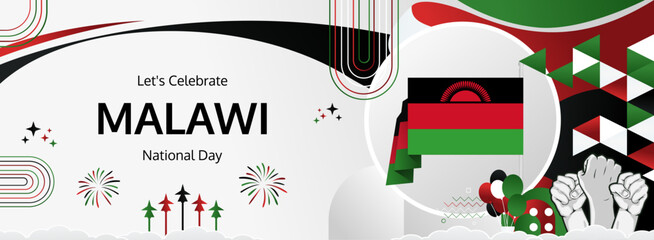 Happy independence day Malawi. Horizontal poster of Malawi national day with flag. July 6. Festive design concept for holiday celebration banner, greeting card, feast and congratulations