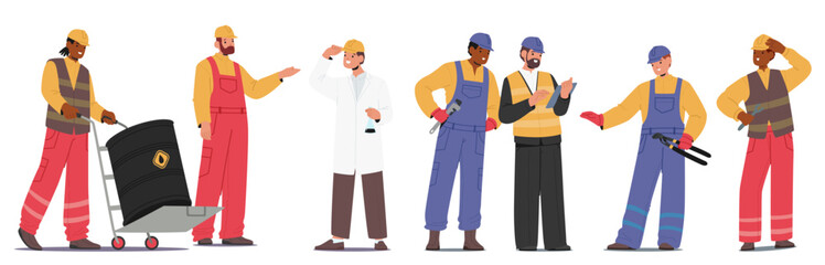 Industrial worker cartoon characters of different fields at refinery plant and oil industry