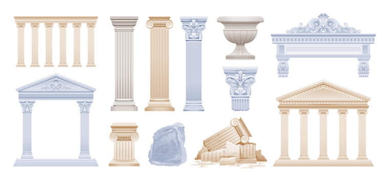Pillar and column, Roman or Greek vector. Stone ancient architecture. 3d Marble temple, antique white building set. Pillar from Greece, Rome. Sculpture, vase, pillar design. Greek Roman palace element