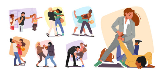 Women cartoon characters learning self-defense techniques fighting robbers and street thug scene set © Anna Syvak