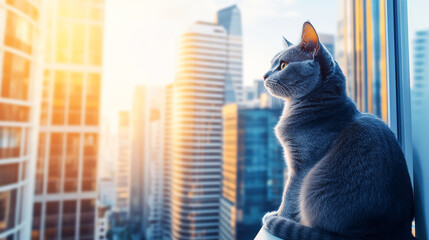 Obraz premium Elegant Gray Cat Sitting by a Window Overlooking a City Skyline at Sunset Concept of Urban Serenity, Pet Contemplation, Modern City Living. Copy space