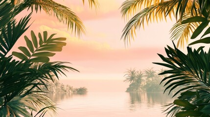 Tropical Paradise Serene Reflections of Palm Trees and Pink Sky over Calm Water