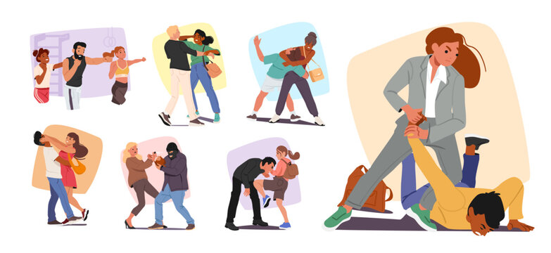 Women cartoon characters learning self-defense techniques fighting robbers and street thug scene set