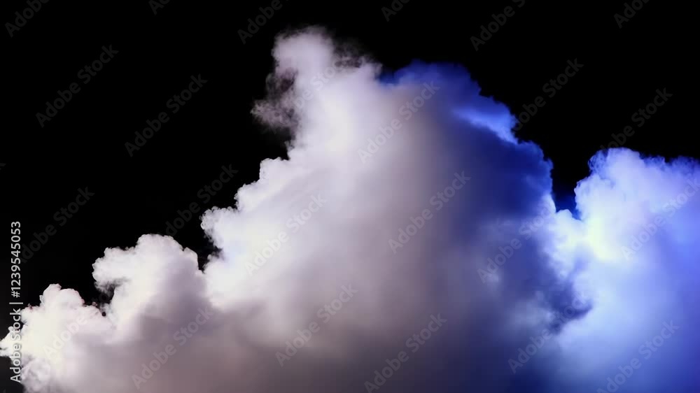 Poster white clouds expanding slowly with luminous blue radiance, drifting across dark background creating 