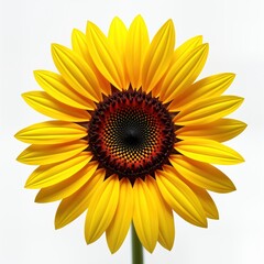 Fototapeta premium Bright yellow sunflower with dark brown center petals on white background. Summer flower isolated. Beautiful floral design. Natural light. Perfect for summer, floral, garden themes. High quality