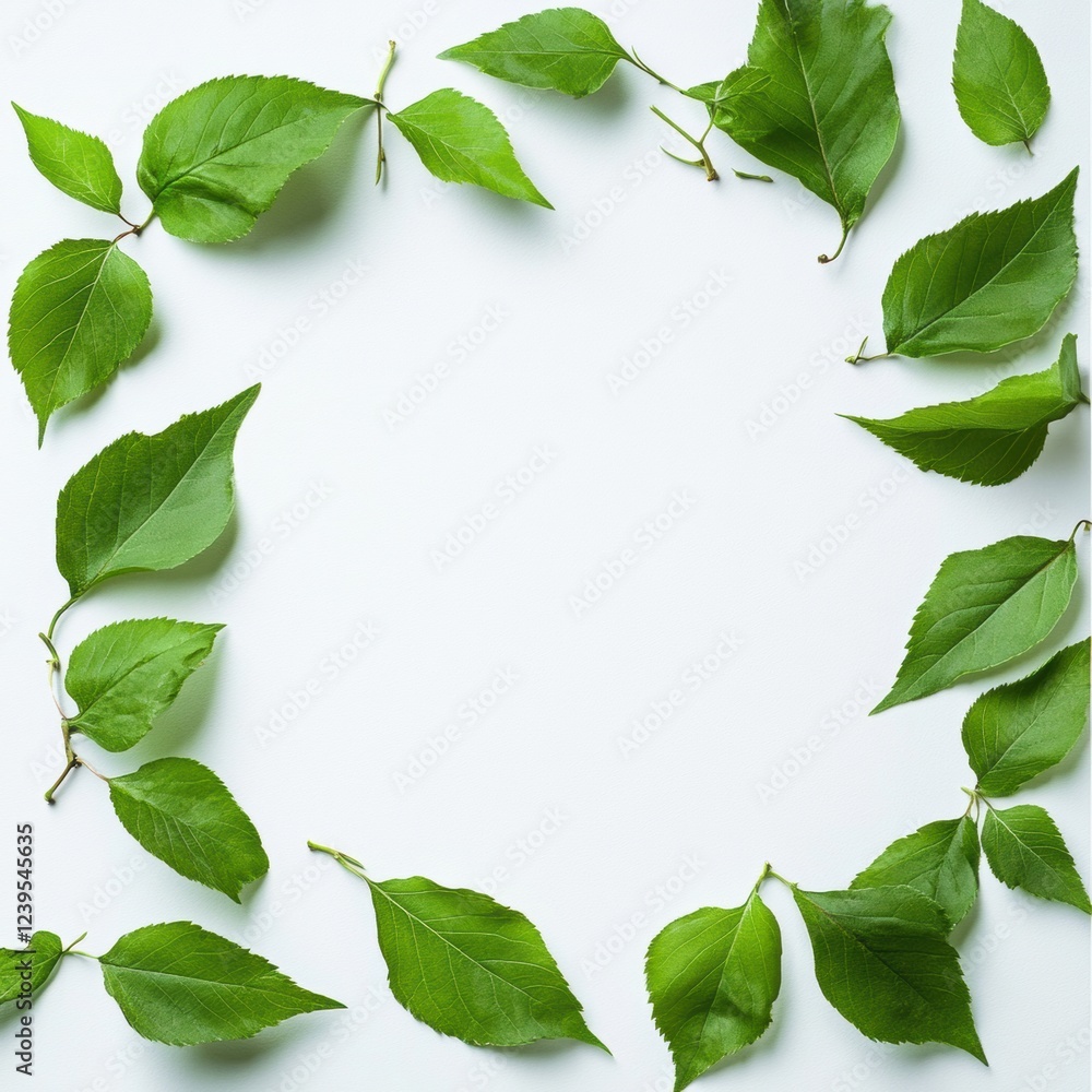Poster green leaves arranged in a circular pattern on a light background showcasing natures beauty and simp