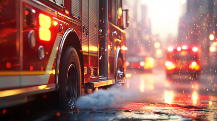 Fire truck on a wet urban road with emergency lights flashing as reflections shimmer on the pavement and cityscape glows behind  
