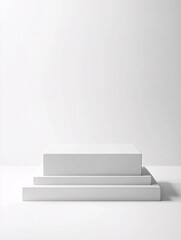 Minimalist white geometric platform with soft shadows and abstract composition in a white studio environment