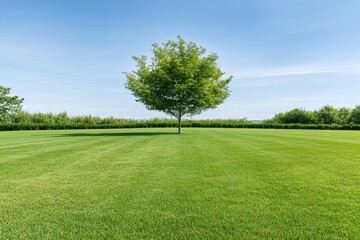 Obraz premium Lone tree in vibrant green field under clear blue sky
