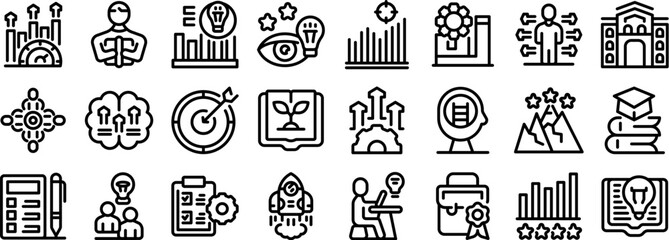 Motivation study icons set. Line icons representing personal and professional growth, goal setting, education, skill development and business success