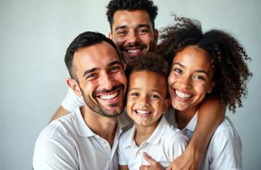 Happy family smiles close-up portrait. Parents and child embrace with healthy white teeth. Family photo shows good oral hygiene and wellness. Smiling faces express joy and happiness.