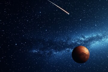 Naklejka premium Mars and shooting star in the vast universe with distant galaxy