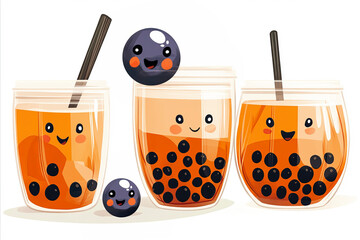 Cups of bubble tea with smiling faces and cute tapioca pearls in cartoon style. The illustration features three glasses of brown milk tea with black straws and anthropomorphic boba pearls.