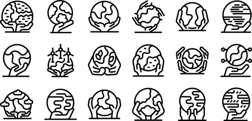 Hands holding earth globe icons set. Set of line icons representing hands carefully holding planet earth, symbolizing environmental protection, sustainability, and global responsibility