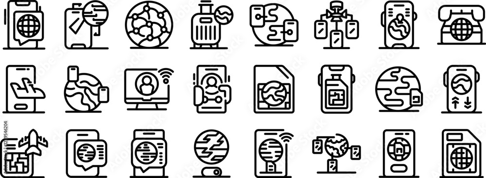 Poster international roaming icons set. seamless global roaming services ensuring connectivity for traveler