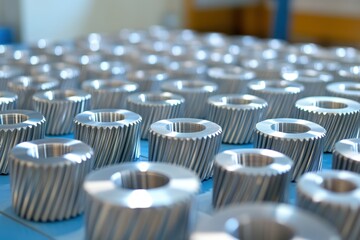 Obraz premium Many shiny, precisely machined metal gears, arranged on a blue surface, ready for assembly.