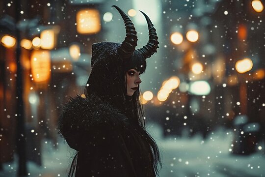 Woman in dark horned costume on snowy street with glowing lanterns. Mystical winter scene for Halloween, fantasy, or cosplay events. Atmospheric night portrait with bokeh lights. - Powered by Adobe