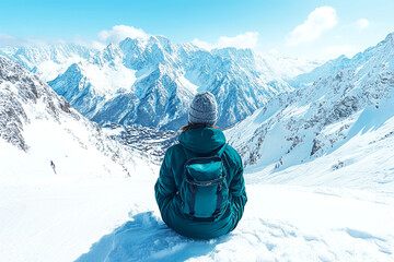 Person enjoying snowy mountain view, winter adventure in alpine setting