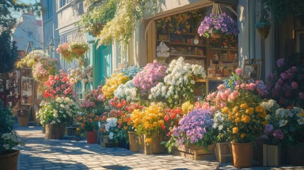 oil painting illustration, flower shop full of various type of flowers