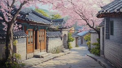 Fototapeta premium illustration of beautiful ancient Chinese village passage road in spring season with cherry flower tree blossoming