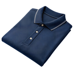 Neatly folded classic navy polo shirt display fashion accessories studio setting close-up view, isolated on white or transparent background