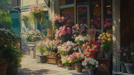 Naklejka premium oil painting illustration, flower shop full of various type of flowers