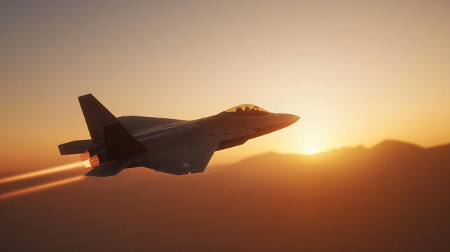 Jet Flying Through a Clear Sky with Blurred Distant Mountains and Warm Sunset Light Reflecting off its Wings