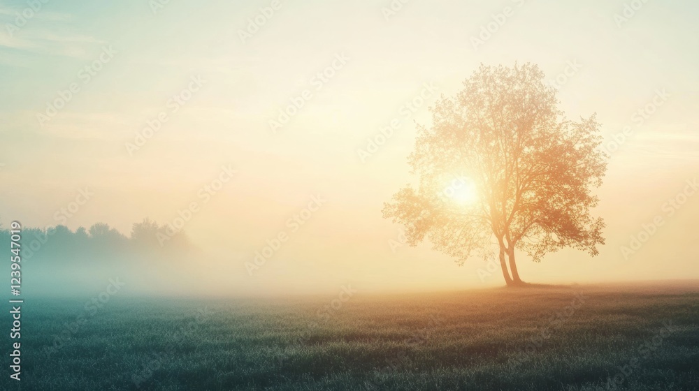 Poster bright sunlight filters through misty atmosphere with a solitary tree in a quiet meadow during early
