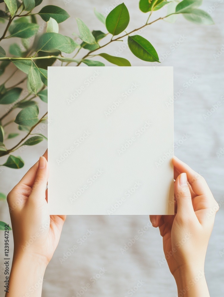 Aufkleber Hands holding a blank piece of paper surrounded by greenery on a simple background during daylight. Generative AI
