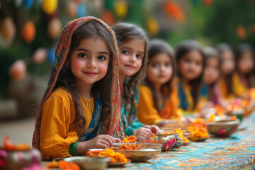 Children dressed in colorful clothes, playing and exchanging gifts in a decorated garden during Eid. The atmosphere is filled with joy and laughter.
