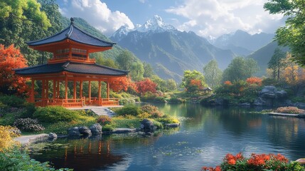 Serene Japanese garden with an orange gazebo and lush greenery