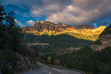 Panoramic view of forests and rivers, Ordesa National Park and Monte Perdido.