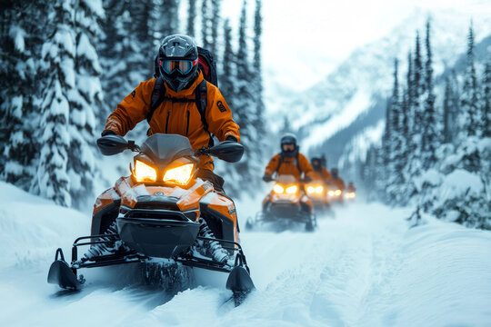 Snowmobilers exploring snowy forest trails, thrilling winter adventure