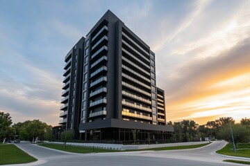 Obraz premium Modern urban residential building at sunset with green surroundings