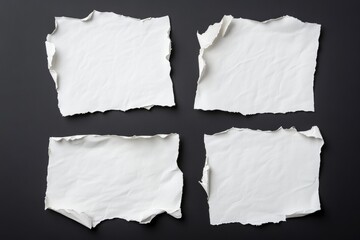 Four torn white paper sheets on dark background with textured edges