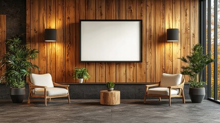 In contemporary office lobby customizable digital signage board is displayed on wooden wall surrounded stylish chairs and decorative plants creating welcoming atmosphere.