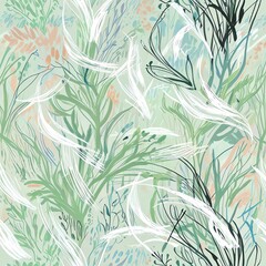 Whimsical Green Botanical Abstract Artwork: A Serene Garden of Lines and Curves