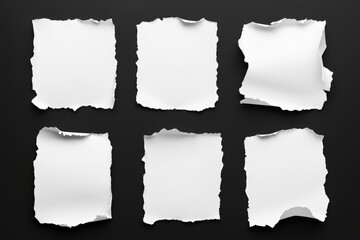 Collection of torn blank white paper sheets isolated on black background