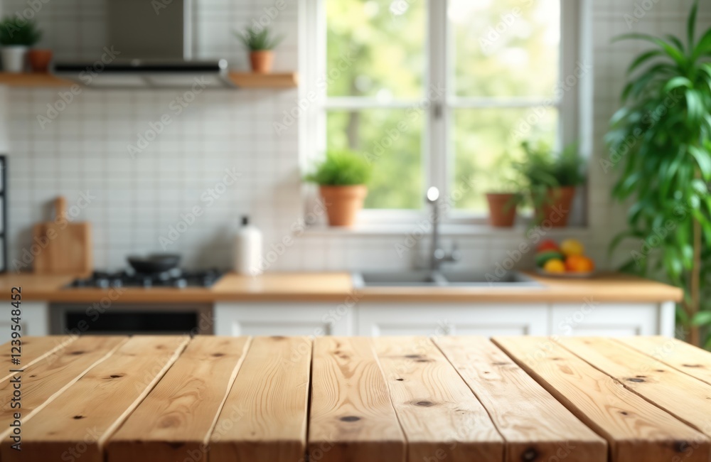 Poster wooden table in bright kitchen with plants outside window. empty space on table with blurred backgro