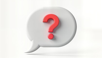 3D render of white question mark in red pastel speech bubble. Modern graphic design element isolated on white background. Suitable for various applications including communication, faq, research