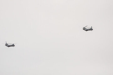 Two military helicopters flying in sync against an overcast sky.