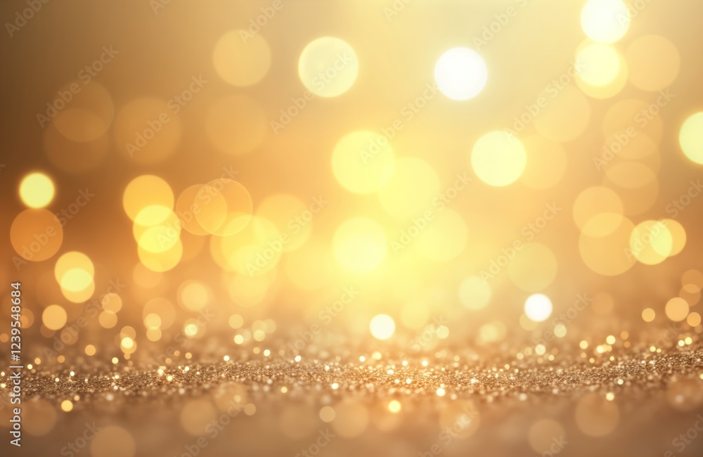 Poster glittering gold bokeh background creates cheerful festive ambiance. sparkly golden circles, dots ble