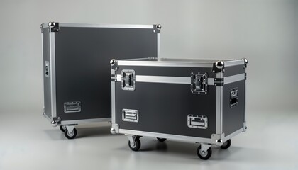 Two large black shipping cases with silver metal accents shown. Designed for transporting musical equipment. Cases metal handles, wheels for easy mobility. Suitable for events, tours. Image