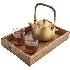 Elegant golden teapot and glasses on wooden tray cozy home setting tea time experience, isolated on white or transparent background